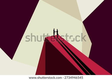 Abstract business teamwork concept with two people on bridge representing partnership success and leadership on transparent background
