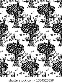 Abstract business three people and documents black and white seamless pattern