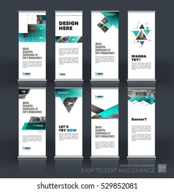 Abstract business vector set of modern roll Up Banner stand design template with square, triangle, arrow, icons for exhibition, fair, show, exposition, expo, presentation, festival, parade, events.
