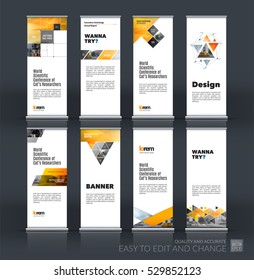 Abstract business vector set of modern roll Up Banner stand design template with square, triangle, arrow, icons for exhibition, fair, show, exposition, expo, presentation, festival, parade, events.