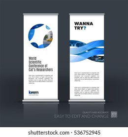 Abstract business vector set of modern roll Up Banner stand design template with blue circle, round for exhibition, fair, show, exposition, expo, presentation, festival, parade, events.
