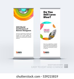 Abstract business vector set of modern roll Up Banner stand design template with half target, rainbow, circles for exhibition, fair, show, exposition, expo, presentation, festival, parade, events.
