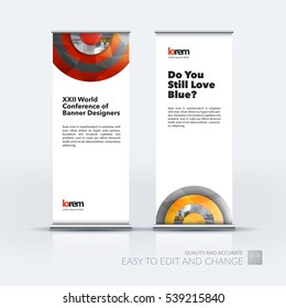 Abstract business vector set of modern roll Up Banner stand design template with half target, rainbow, circles for exhibition, fair, show, exposition, expo, presentation, festival, parade, events.
