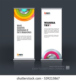Abstract business vector set of modern roll Up Banner stand design template with half target, rainbow, circles for exhibition, fair, show, exposition, expo, presentation, festival, parade, events.
