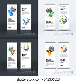Abstract business vector set of modern roll Up Banner stand design template with rounds, circles, soft lines for exhibition, fair, show, exposition, expo, presentation, festival, parade, events.