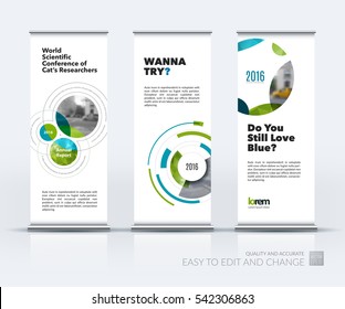 Abstract business vector set of modern roll Up Banner stand design template with green rounds, circles, soft lines for exhibition, fair, show, exposition, expo, presentation, festival, parade, events.