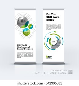 Abstract business vector set of modern roll Up Banner stand design template with green rounds, circles, soft lines for exhibition, fair, show, exposition, expo, presentation, festival, parade, events.