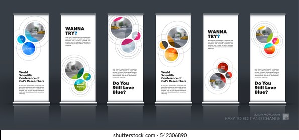 Abstract business vector set of modern roll Up Banner stand design template with rounds, circles, soft lines for exhibition, fair, show, exposition, expo, presentation, festival, parade, events.