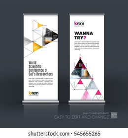 Abstract business vector set of modern roll Up Banner stand design template with triangles, polygons for exhibition, fair, show, exposition, expo, presentation, festival, parade, events.