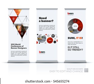 Abstract business vector set of modern roll Up Banner stand design template with rounds, triangles, polygons for exhibition, fair, show, exposition, expo, presentation, festival, parade, events