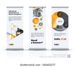 Abstract business vector set of modern roll Up Banner stand design template with rounds, triangles, polygons for exhibition, fair, show, exposition, expo, presentation, festival, parade, events