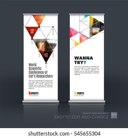 Abstract business vector set of modern roll Up Banner stand design template with triangles, polygons for exhibition, fair, show, exposition, expo, presentation, festival, parade, events.
