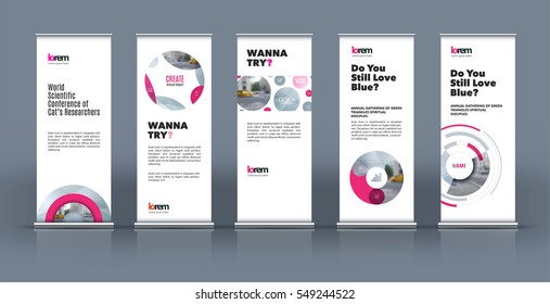 Abstract business vector set of modern roll Up Banner stand design template with pink soft shapes, rounds for exhibition, fair, show, exposition, expo, presentation, festival, parade, events.