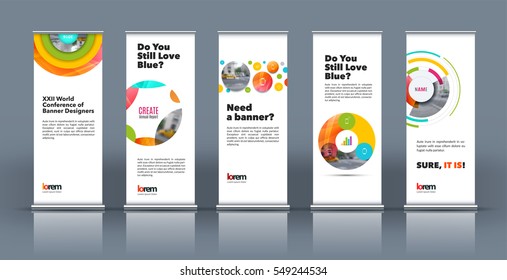 Abstract business vector set of modern roll Up Banner stand design template with colourful soft shapes, rounds for exhibition, fair, show, exposition, expo, presentation, festival, parade, events.