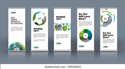 Abstract business vector set of modern roll Up Banner stand design template with green soft shapes, rounds for exhibition, fair, show, exposition, expo, presentation, festival, parade, events.