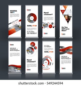 Abstract business vector set of modern roll Up Banner stand design template with red soft shapes, rounds for exhibition, fair, show, exposition, expo, presentation, festival, parade, events.