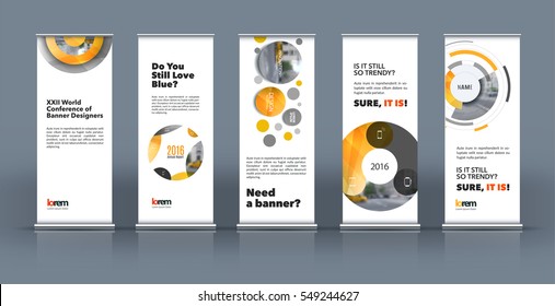 Abstract business vector set of modern roll Up Banner stand design template with yellow soft shapes, rounds for exhibition, fair, show, exposition, expo, presentation, festival, parade, events.