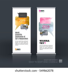 Abstract business vector set of modern roll Up Banner stand design template with bubble speech for exhibition, fair, show, exposition, expo, presentation, festival, parade, events.