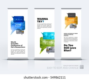 Abstract business vector set of modern roll Up Banner stand design template with bubble speech for exhibition, fair, show, exposition, expo, presentation, festival, parade, events.