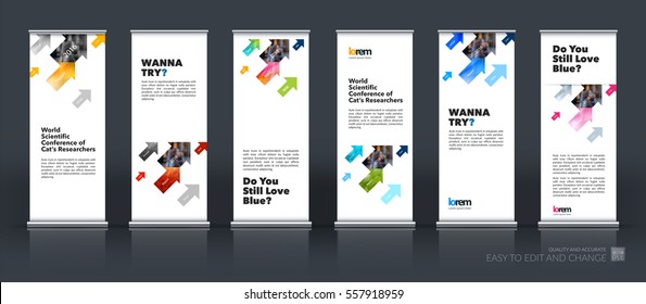 Abstract business vector set of modern roll Up Banner stand design template with diagonal positive arrows for exhibition, fair, show, exposition, expo, presentation, festival, parade, events.
