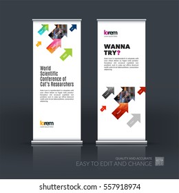 Abstract business vector set of modern roll Up Banner stand design template with diagonal positive arrows for exhibition, fair, show, exposition, expo, presentation, festival, parade, events.
