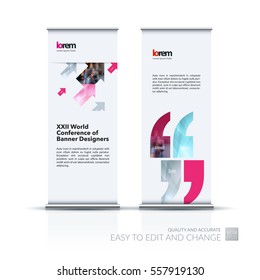 Abstract business vector set of modern roll Up Banner stand design template with diagonal positive arrows for exhibition, fair, show, exposition, expo, presentation, festival, parade, events.
