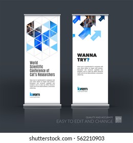 Abstract business vector set of modern roll Up Banner stand design template with blue diagonal triangles for exhibition, fair, show, exposition, expo, presentation, festival, parade, events.