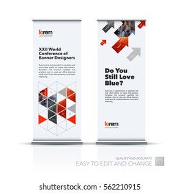Abstract business vector set of modern roll Up Banner stand design template with red diagonal triangles for exhibition, fair, show, exposition, expo, presentation, festival, parade, events.