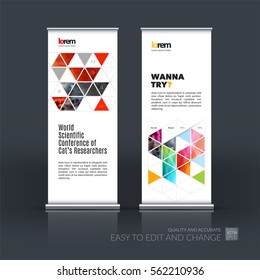 Abstract business vector set of modern roll Up Banner stand design template with red diagonal triangles for exhibition, fair, show, exposition, expo, presentation, festival, parade, events.