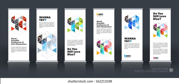 Abstract business vector set of modern roll Up Banner stand design template with colourful diagonal triangles for exhibition, fair, show, exposition, expo, presentation, festival, parade, events.