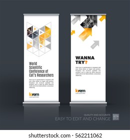 Abstract business vector set of modern roll Up Banner stand design template with yellow diagonal triangles for exhibition, fair, show, exposition, expo, presentation, festival, parade, events.