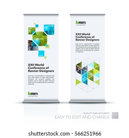 Abstract business vector set of modern roll Up Banner stand design template with yellow rectangles, geometric triangles for exhibition, fair, show, exposition, expo, presentation, parade, events.