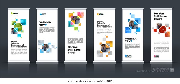 Abstract business vector set of modern roll Up Banner stand design template with yellow rectangles, geometric triangles for exhibition, fair, show, exposition, expo, presentation, parade, events.