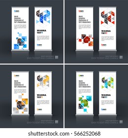 Abstract business vector set of modern roll Up Banner stand design template with yellow rectangles, geometric triangles for exhibition, fair, show, exposition, expo, presentation, parade, events.
