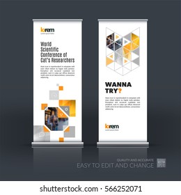 Abstract business vector set of modern roll Up Banner stand design template with yellow rectangles, geometric triangles for exhibition, fair, show, exposition, expo, presentation, parade, events.
