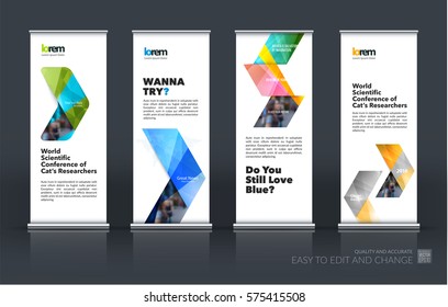 Abstract business vector set of modern roll Up Banner stand design template with colourful arrows, triangles for exhibition, fair, show, exposition, expo, presentation, parade, events.