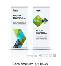 Abstract business vector set of modern roll Up Banner stand design template with green arrows, triangles for exhibition, fair, show, exposition, expo, presentation, parade, events.
