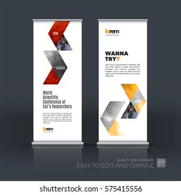 Abstract business vector set of modern roll Up Banner stand design template with red arrows, triangles for exhibition, fair, show, exposition, expo, presentation, parade, events.