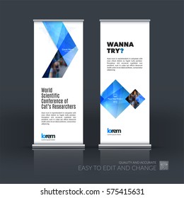 Abstract business vector set of modern roll Up Banner stand design template with blue arrows, triangles for exhibition, fair, show, exposition, expo, presentation, parade, events.