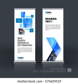 Abstract business vector set of modern roll Up Banner stand design template with blue squares, rectangles for exhibition, fair, show, exposition, expo, presentation, parade, events.