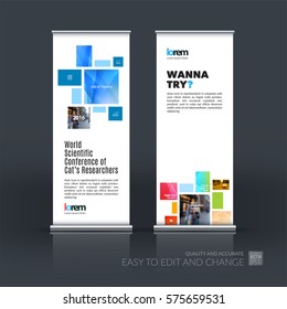 Abstract business vector set of modern roll Up Banner stand design template with blue squares, rectangles for exhibition, fair, show, exposition, expo, presentation, parade, events.