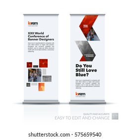 Abstract business vector set of modern roll Up Banner stand design template with red squares, rectangles for exhibition, fair, show, exposition, expo, presentation, parade, events.