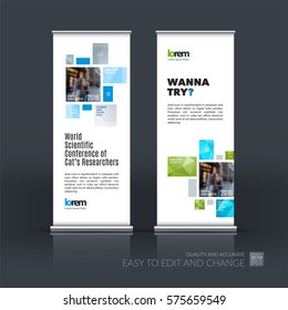 Abstract business vector set of modern roll Up Banner stand design template with blue squares, rectangles for exhibition, fair, show, exposition, expo, presentation, parade, events.