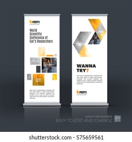 Abstract business vector set of modern roll Up Banner stand design template with yellow squares, rectangles for exhibition, fair, show, exposition, expo, presentation, parade, events.