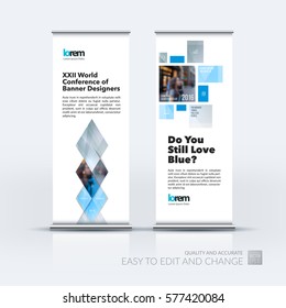 Abstract business vector set of modern roll Up Banner stand design template with yellow geometric shapes, triangles, rhombus for exhibition, show, exposition, expo, presentation, parade, events.