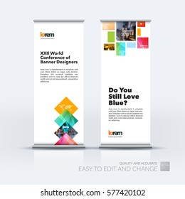 Abstract business vector set of modern roll Up Banner stand design template with colourful geometric shapes, triangles, rhombus for exhibition, show, exposition, expo, presentation, parade, events.