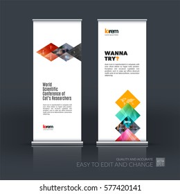 Abstract business vector set of modern roll Up Banner stand design template with red geometric shapes, triangles, rhombus for exhibition, show, exposition, expo, presentation, parade, events.