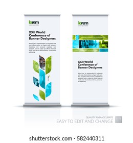 Abstract business vector set of modern roll Up Banner stand design template with many green rectangles, soft shapes for exhibition, show, exposition, expo, presentation, parade, events.