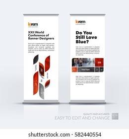 Abstract business vector set of modern roll Up Banner stand design template with many red rectangles, soft shapes for exhibition, show, exposition, expo, presentation, parade, events.