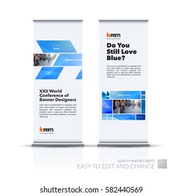Abstract business vector set of modern roll Up Banner stand design template with many blue rectangles, soft shapes for exhibition, show, exposition, expo, presentation, parade, events.